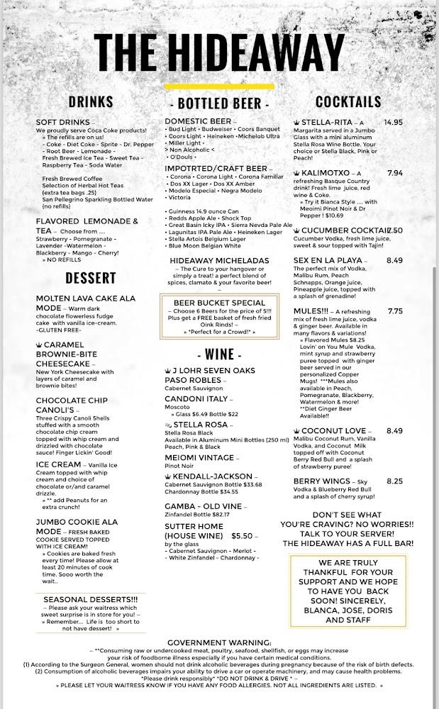 The HideAway | Restaurant & Bar Menu image 3